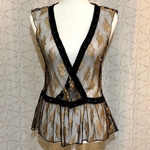 F21 Blk & Gold Sheer Lace Peplum Top
